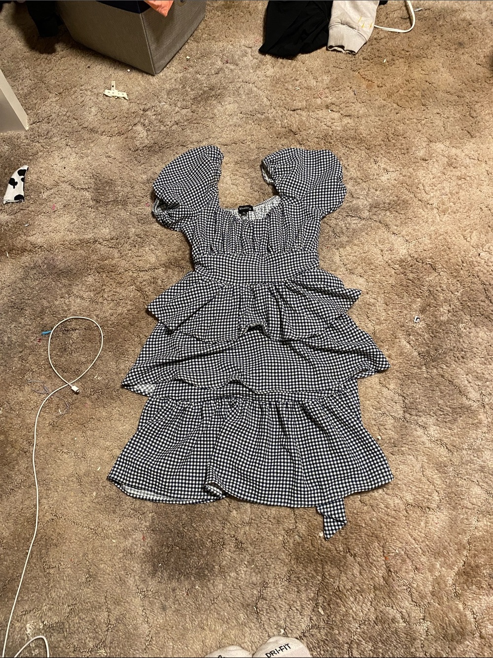 Girls Black & White Gingham Tiered Dress with Puff Sleeves